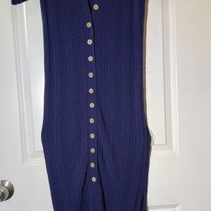 Ribbed Button-Front Midi Dress in Navy